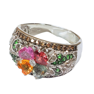 Multi Color Heart Sapphire Diamond Ring