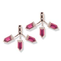 gemstone-earrings-cirque-Jane-Taylor-three-stone-arrow-jacket-with-rhodolite-garnet-diamonds-rose-gold